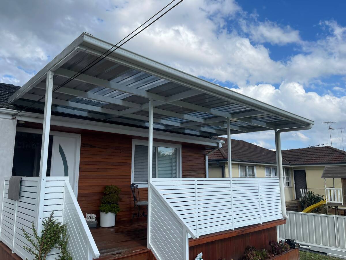 Residential verandah cover with polycarbonate panels front view